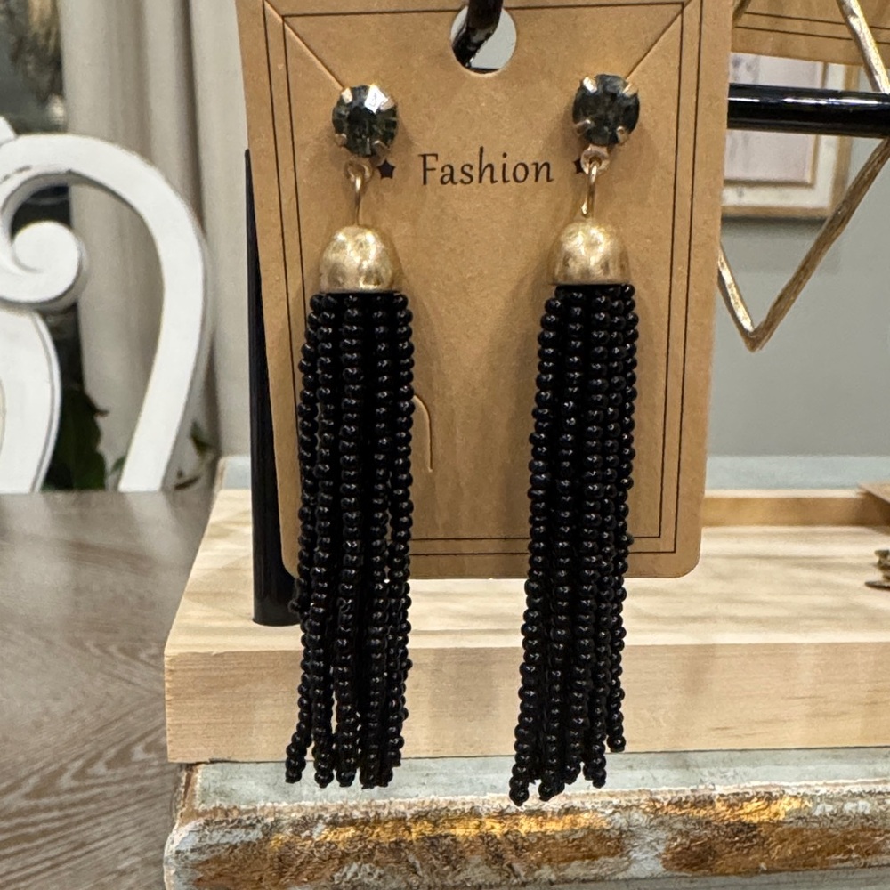 Black and Gold Beaded Tassel Earrings
